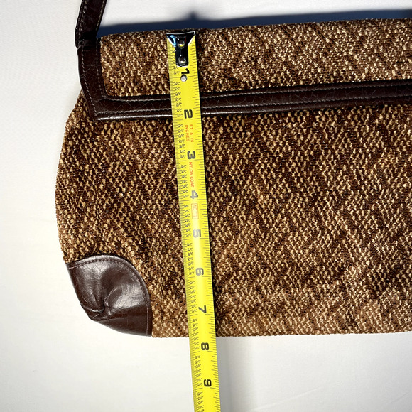 Vintage Chenille Corduroy Crossbody Purse Lock Buckle Leather Mod Retro Mob Wife - Picture 15 of 16